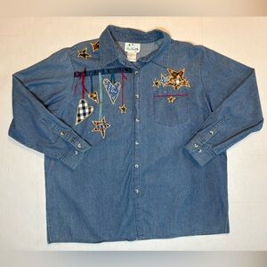 Quacker Factory 100% cotton denim long sleeve button down novelty art blouse 1X